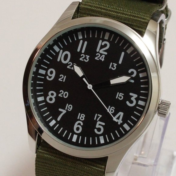Men's Quartz Field Watch Silver Tone Case Green Military Strap 42mm - Picture 10 of 11